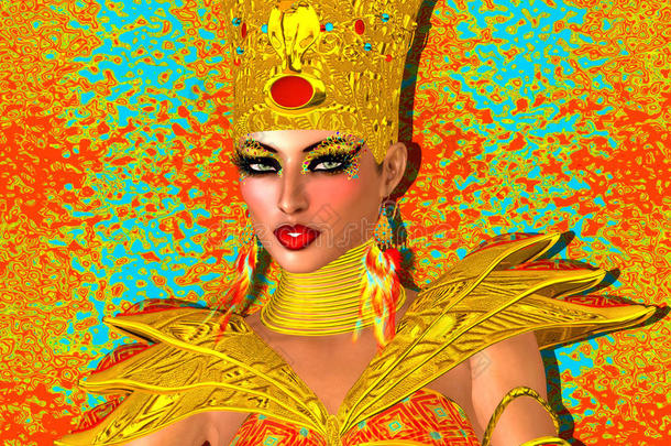 埃及女王戴着黄金珠宝和盔甲。