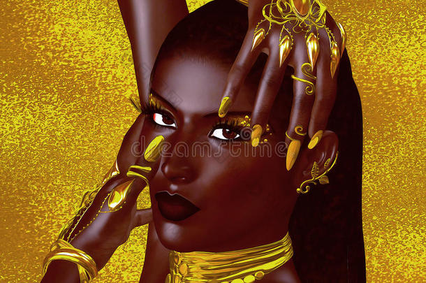 一位美丽的年轻非洲妇女戴着金色的珠宝，背景是金色的抽象背景。 独特的数字艺术创作
