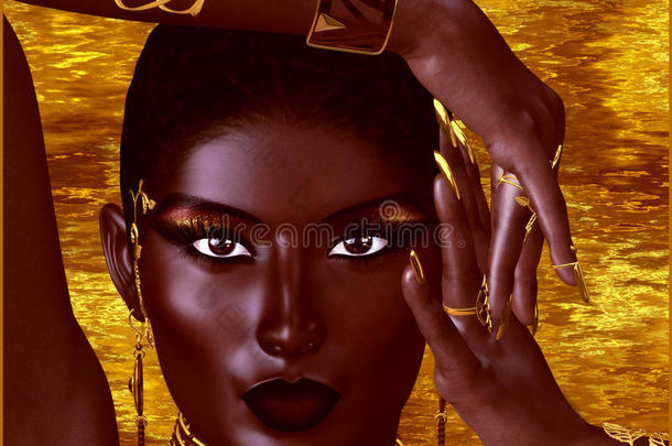 一位美丽的年轻非洲妇女戴着<strong>金色</strong>的珠宝，<strong>背景</strong>是<strong>金色</strong>的抽象<strong>背景</strong>。 独特的数字艺术创作