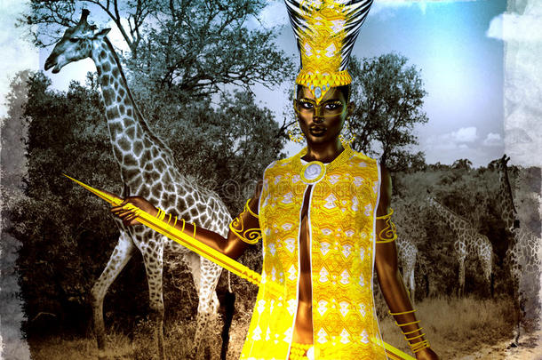 非洲<strong>公主</strong>在我们的数字艺术<strong>风</strong>格与长颈鹿的背景。