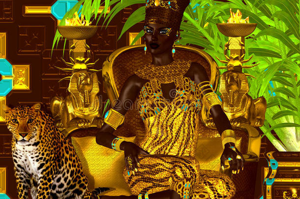 黑色埃及公主在我们现代数字艺术风格，特写。 埃及的美丽、权力和财富都在这件事捕获。
