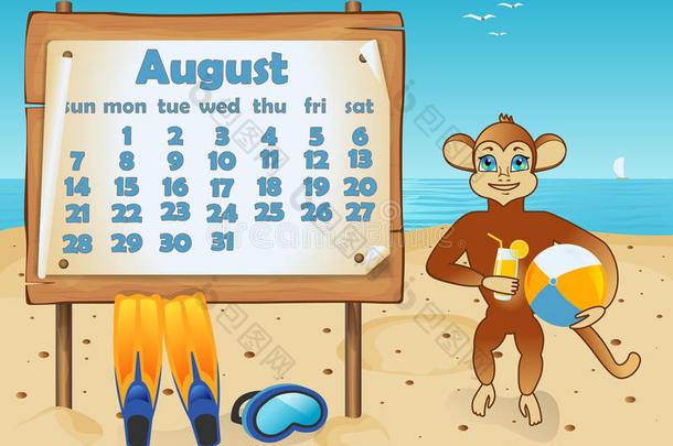 日历2016年与猴子。 八月