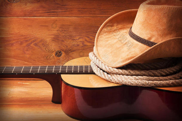 乡村音乐图片与吉他和牛仔帽