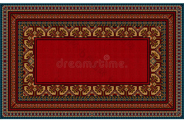有莫特利边界和红色中心的地毯的明亮图案