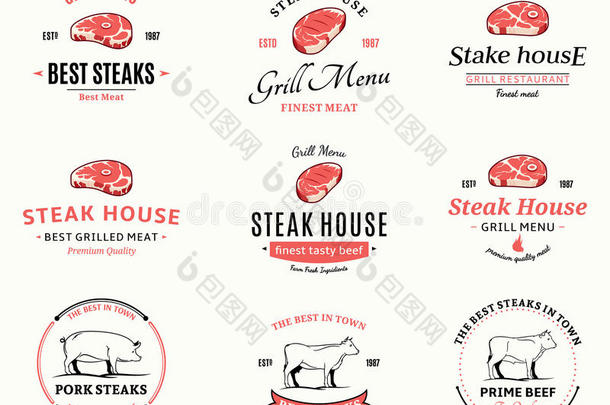 烤牛排标签和设计元素。 烧烤和烧烤牛排标签的牛排