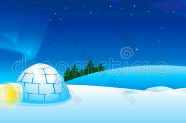<strong>南极</strong>洲极光蓝色雪块砌成的圆顶小屋<strong>风景</strong>