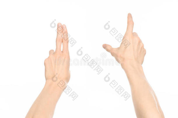 手势主题：人类手势显示第一人称视图孤立在白色背景在工作室