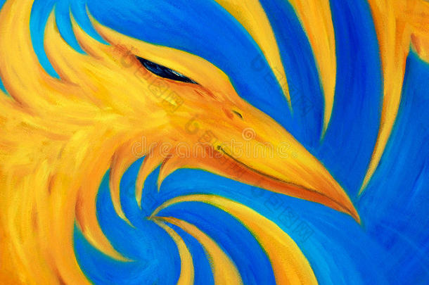 火凤凰在蓝色背景上，原始油画，凤凰是黄色的