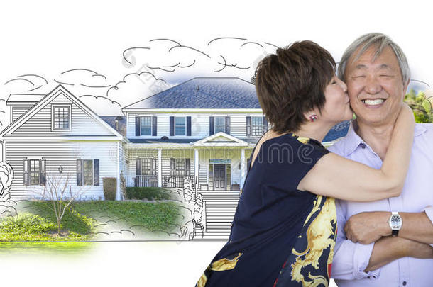 可爱的中国老年夫妇在房子<strong>素描照片</strong>组合前接吻