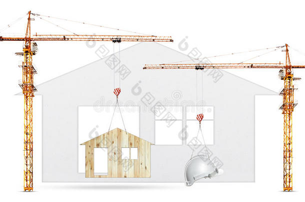 建筑起重机起重家庭和安全帽在白色背景下用于建筑行业和住宅房地产局域网