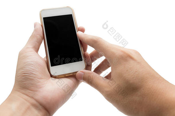 双手使用手机手持智能手机在隔离的背景