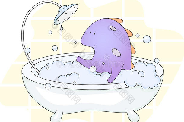 可爱的微笑龙用泡沫洗澡。 矢量图f