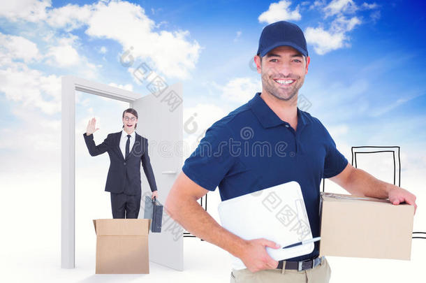 带有纸板盒和剪贴板的快乐送货员的复合图像