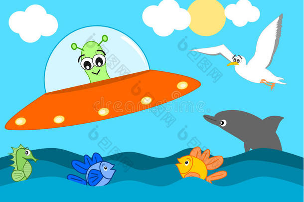 可爱的卡通外星人访问海洋有趣的插图为儿童