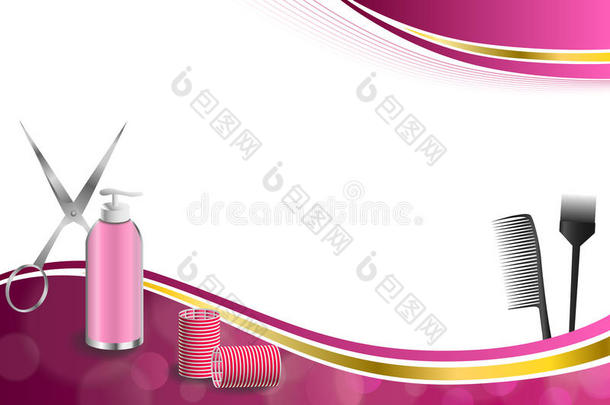 背景抽象粉红色美发理发工具红色卷发剪刀刷金色丝带框架插图