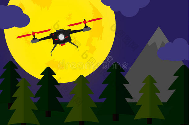 飞行无人机夜间森林场景与满月