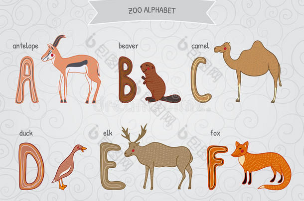 可爱的<strong>卡通</strong>有趣的动物园字母在矢量。 a，b，c，d，e，f字母。 羚羊，海狸，<strong>骆驼</strong>，鸭子，麋鹿，狐狸。