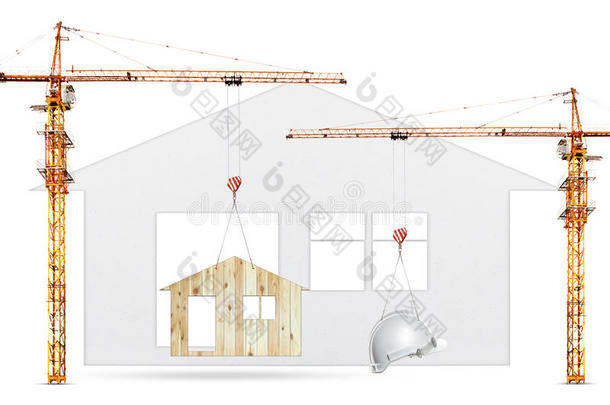 建筑起重机起重回家和安全帽在白色背面