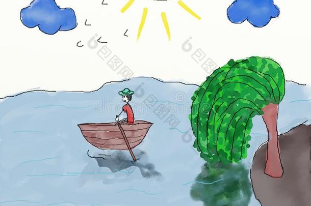 儿童绘画-水面上有船的景观