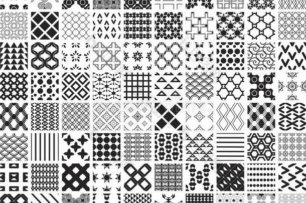 黑色和白色的100个无缝几何图案和装饰品，单色