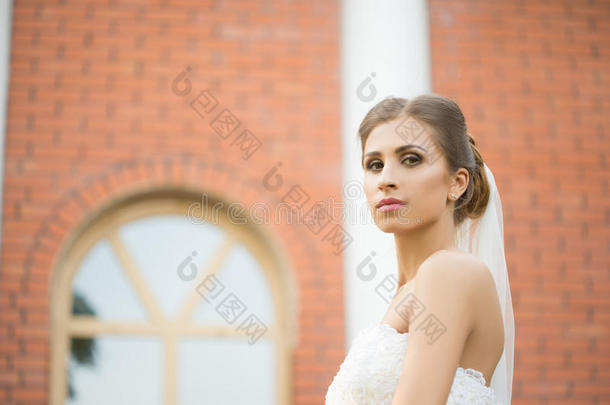 砖墙背景上的新娘。 结婚礼服