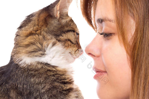 漂亮的女孩和一只小猫的鼻子对鼻子