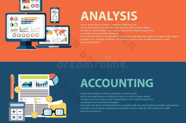 平式业务<strong>分析</strong>信息图概念和会计财务。 网页横幅<strong>模板</strong>设置。