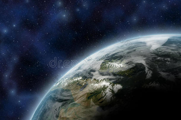 地球就像从太空看到的行星，<strong>大气</strong>辉光和恒星作<strong>为</strong>背景-这幅图像的元素由美国宇航局提供