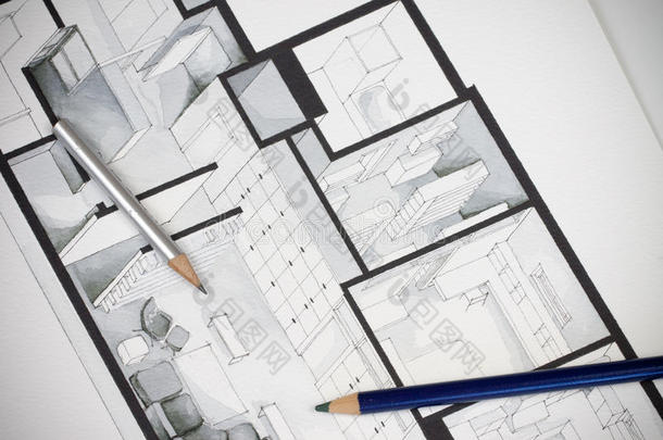 几个艺术写作绘图工具拍摄的常规房地产平面图显示豪华的方法，室内家居设计
