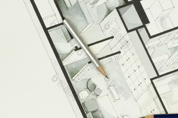 一对艺术绘画铅笔在真实的房地产平面图图形材料