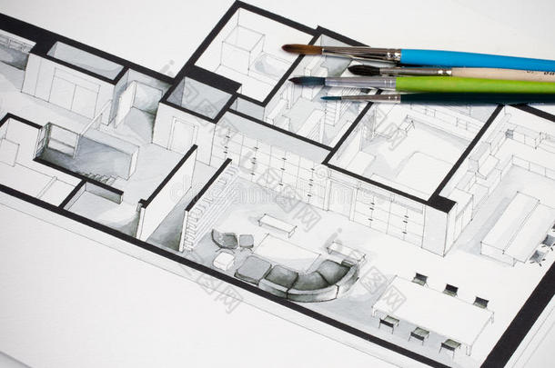 一组生动的彩色画笔设置在房地产<strong>平面图</strong>建筑等距写意画