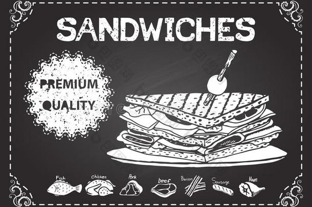 手绘三明治在黑板上加上优质标签
