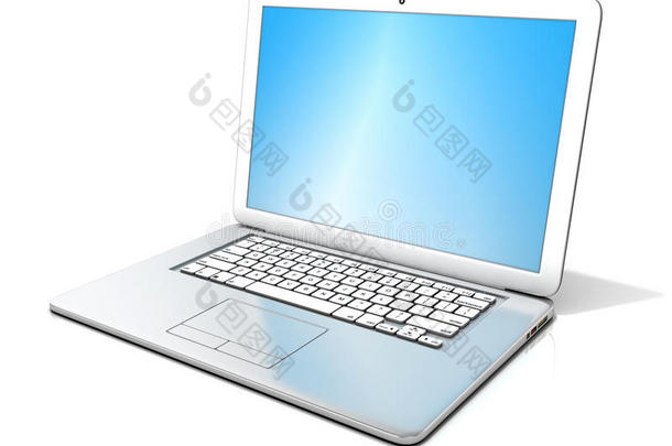 具有蓝色屏幕的开放式<strong>银色笔记本</strong>电脑的三维渲染