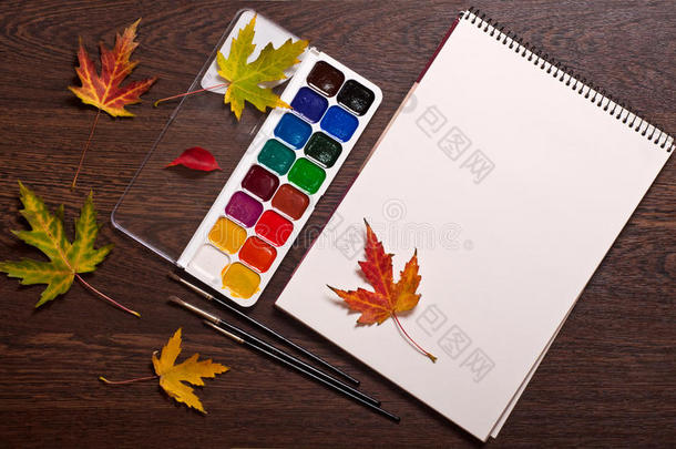 画册、颜料、画笔和秋叶