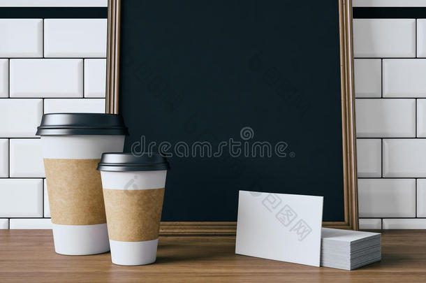 名片，咖啡杯和黑色海报。 3D