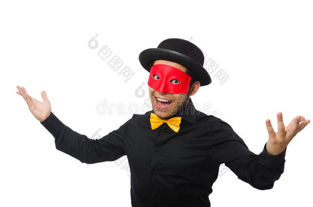 一个男人戴着隔离在白色上的红色面具