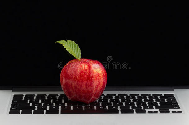 笔记本电脑键盘上的新鲜<strong>红</strong>苹果</strong>
