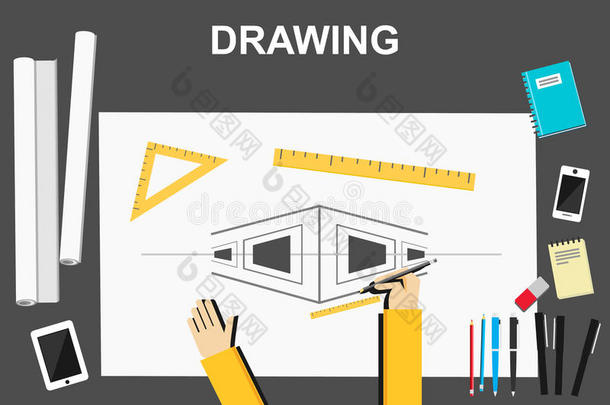 绘图插图。 建筑概念。 用于建筑、工作、绘图、建筑的平面设计插图概念
