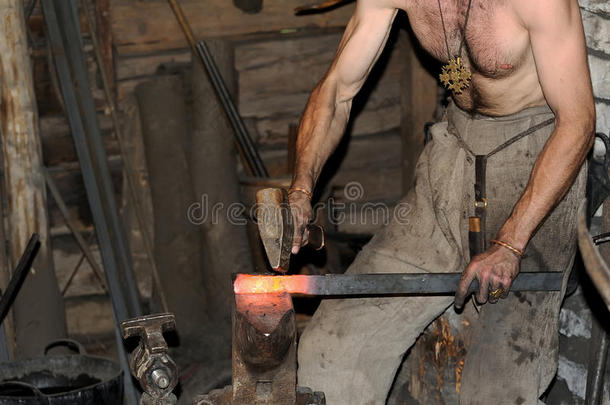 铁匠在铁砧上工作，高速锻造