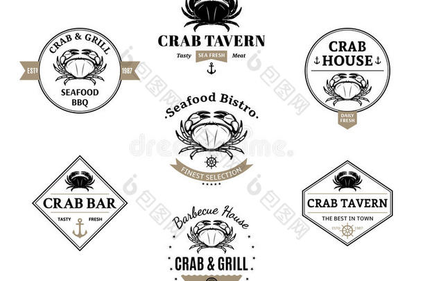 螃蟹标志，标签和设计元素
