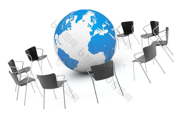 商业全球会议。 椅子与地球仪一起排列