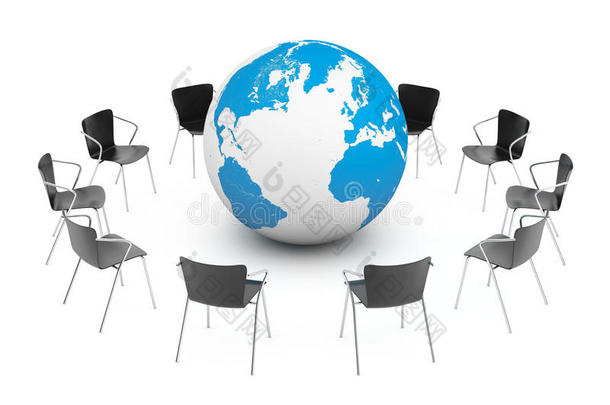 商业全球会议。 椅子与地球仪一起排列