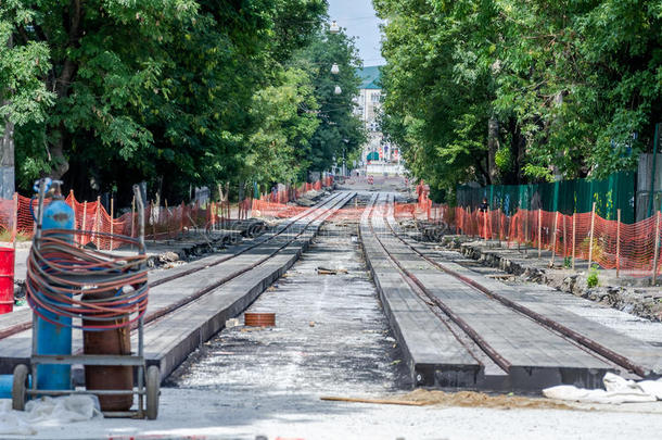 乌克兰LVIV新建道路和铺设有轨电车的施工工作