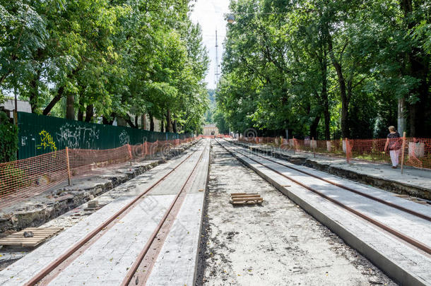 乌克兰LVIV新建道路和铺设有轨电车的施工工作