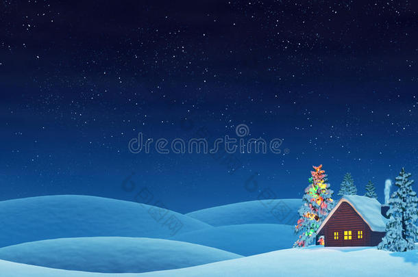冬日夜景中的小屋和圣诞树