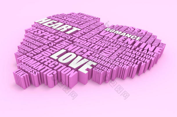 三维单词组在粉红色背景上塑造一颗心