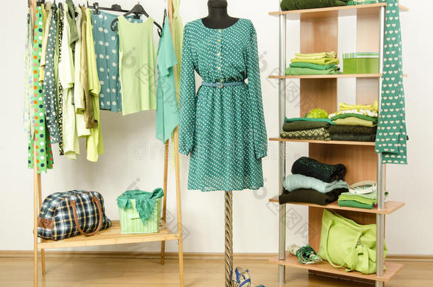衣柜，衣架和架子上放着绿色衣服，穿着人体模型。