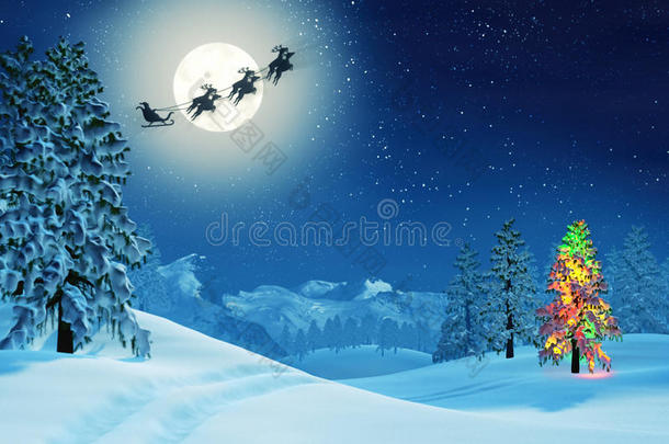 圣诞树和圣诞老人在月光下的冬季景观在晚上
