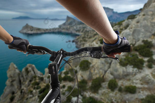 双手戴手套，拿着自行车的把手。 山地自行车骑单车者骑单车。 健康的生活方式，积极的运动员