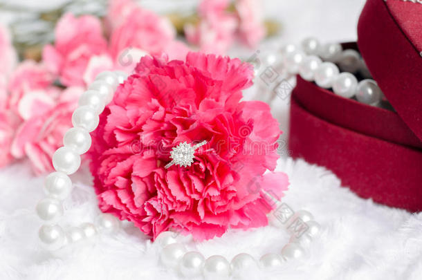订婚钻石戒指在粉红色康乃馨花